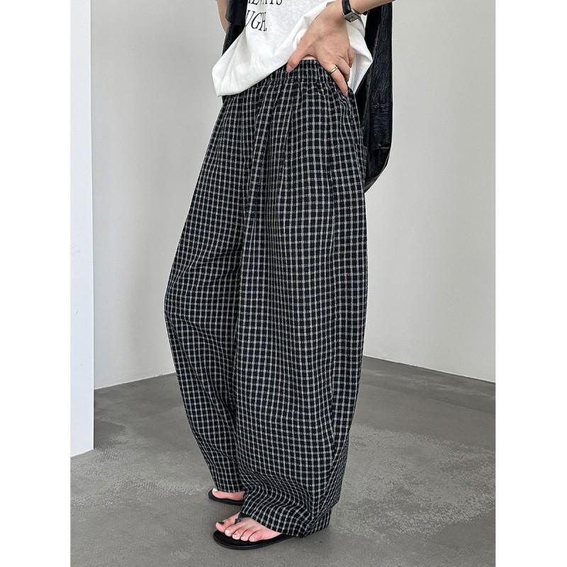 Womens High-Waisted Wide-Leg Cotton Blend Plaid Pants Loose Fit Casual Trousers Style
