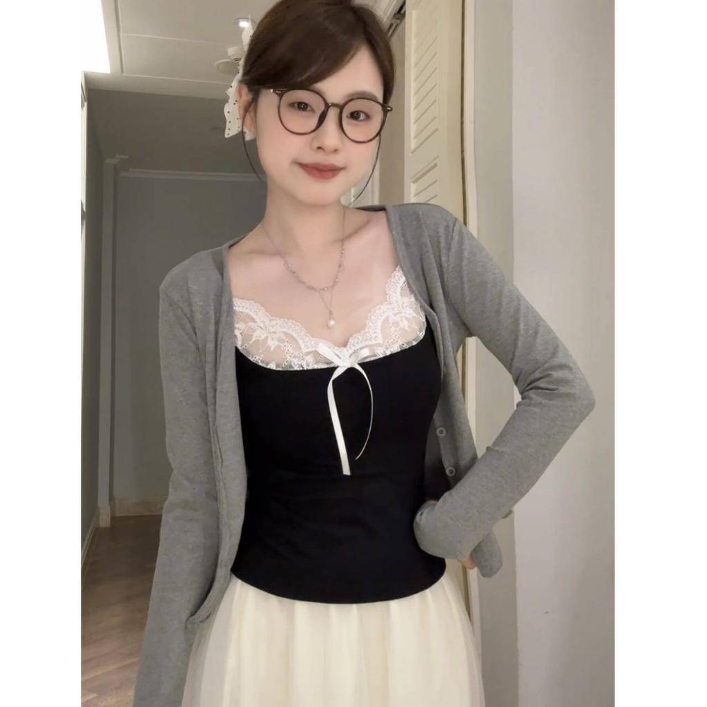 Women Spaghetti Strap Camisole Top Generic Lace Trim Bow Decor Soft Slim Fit Cami Tank Top, White Apricot Yellow Pink Black Gray Blue