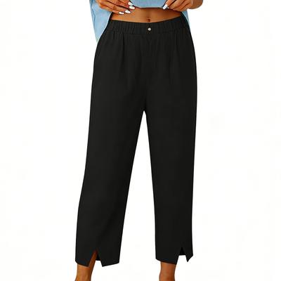 Ladies' Summer High Waisted Straight Leg Pants With Split Bottom And Buttoned Casual Pants
