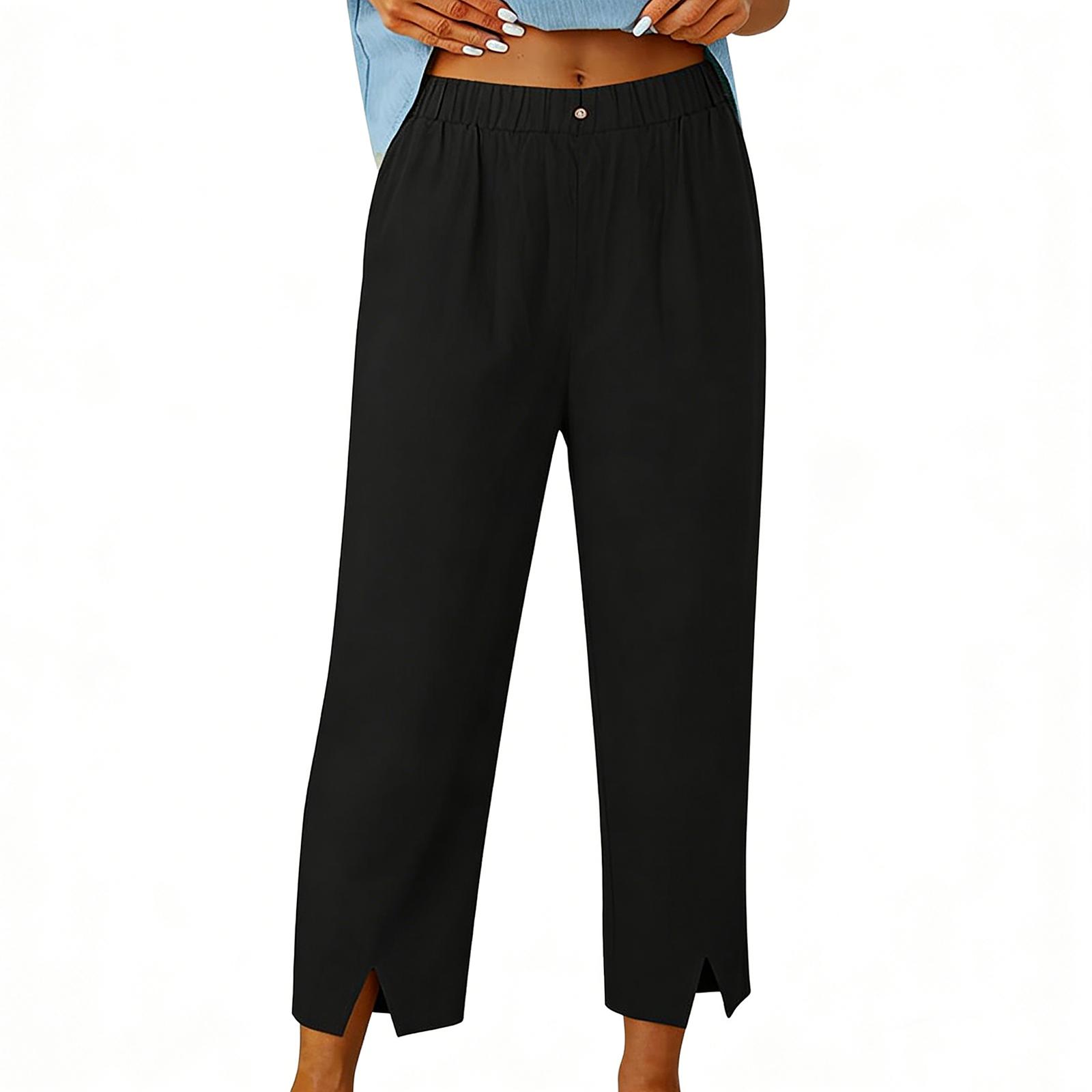 

Ladies Summer High Waisted Straight Leg Pants With Split Bottom And Buttoned Casual Pants XL чорний