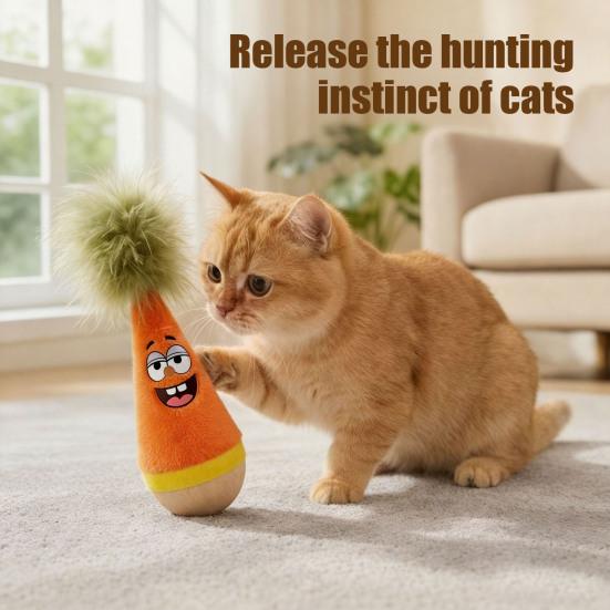 Wobble Cat Toy, Wooden Base Plush Wobble Toy, Self-Righting Interactive Cat Feather Toy for Indoor Cats Kittens Batting Kicking Silent