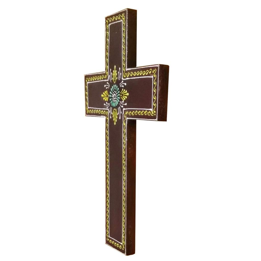 Wooden Wall Cross 'Earth': Handpainted Mangowood Plaque, Large, Brown