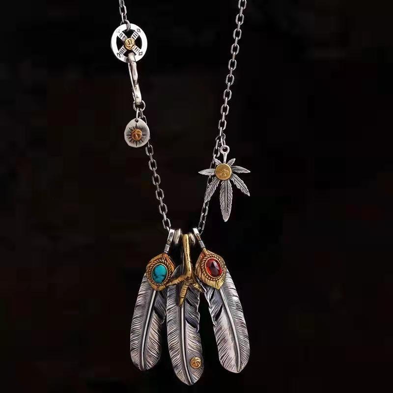 2026 Taijiao Chain Set Chain Takahashi Goro Style Turquoise Feather Necklace Women's and Men's Sweater Chain
