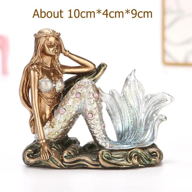 Resin Mermaid Figure Rhinestone Sea Maiden Girl Miniature Fairy Tale Character Ornament Room Decor Handcraft Gift for Girlfriend