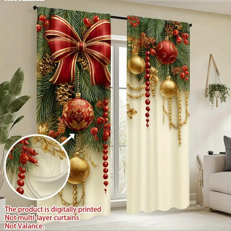 Set Of 2 Christmas Bow Tassel Curtains Design Privacy Protection Suitable Decoration Various Scenes Made Polyester