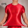 Men T-shirt Thin High Elasticity Round Neck Short Sleeves Slim Fit Good Breathability See-through Glossy Surface Top