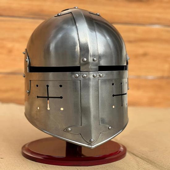Crusader Helmet Medieval Knight Armor Helmet with Stand LARP Cosplay Halloween Costume Best Gift Halloween Fathersday Gift
