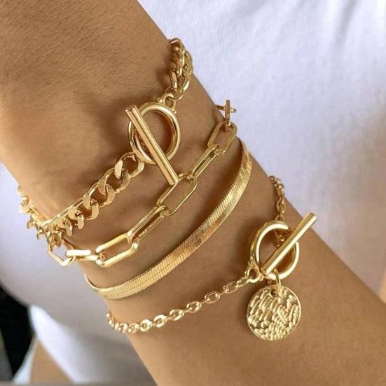 4 Pcs/Set Women Bracelet Hip Hop Style Snake Bone Chain Hollow Chain Round Pendant Adjustable Golden Color Polished 4 Pieces Set Wrist Jewelry Set