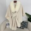 Womens Winter Wool Blend Cape Shawl Cardigan With Faux Fur Collar Loose Fit Oversized Knit Coat