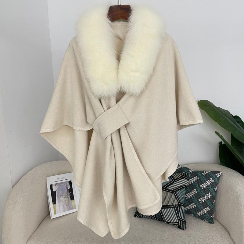 Womens Winter Wool Blend Cape Shawl Cardigan With Faux Fur Collar Loose Fit Oversized Knit Coat