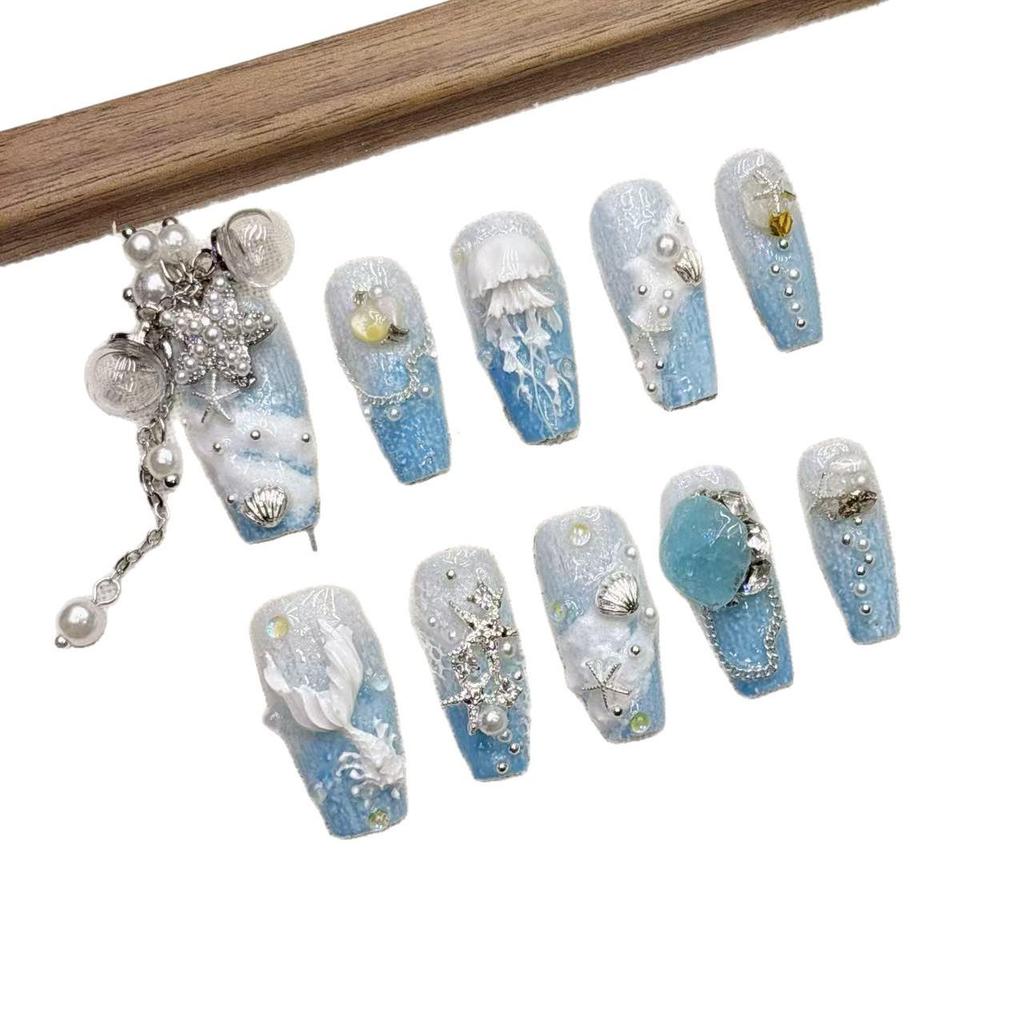 Blue Ocean Silver Tassel Luxury Medium-Length Pointed Nails - Handmade & Wearable