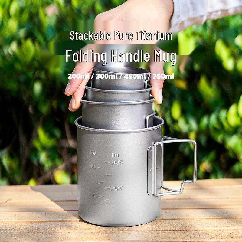 Portable Titanium Camping Mug with Lid - Folding Handle, Single Layer, Anti-scalding Design for Outdoor Travel