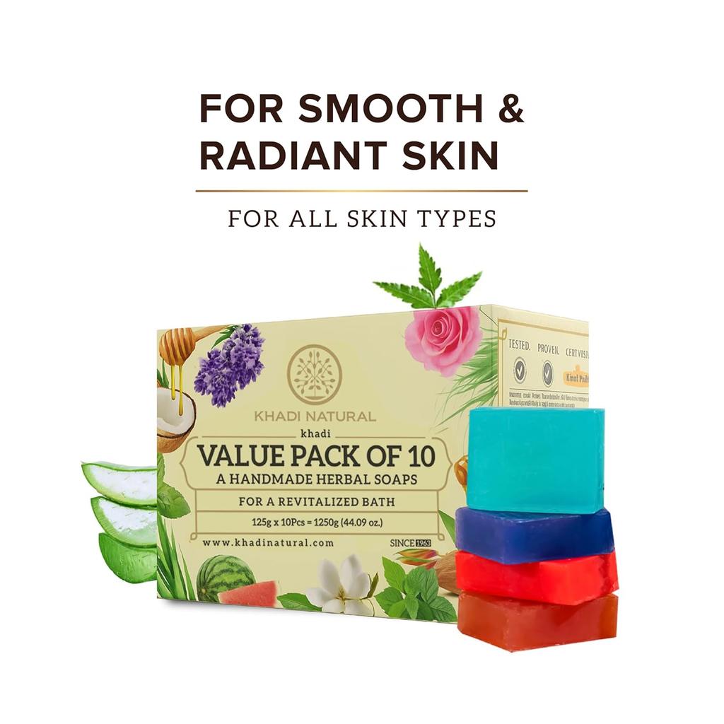Khadi Natural Herbal Soap Gift Set 10 Soap Pack of 1 | Handcrafted Essential Oil Soaps | Gentle Natural Cleansing