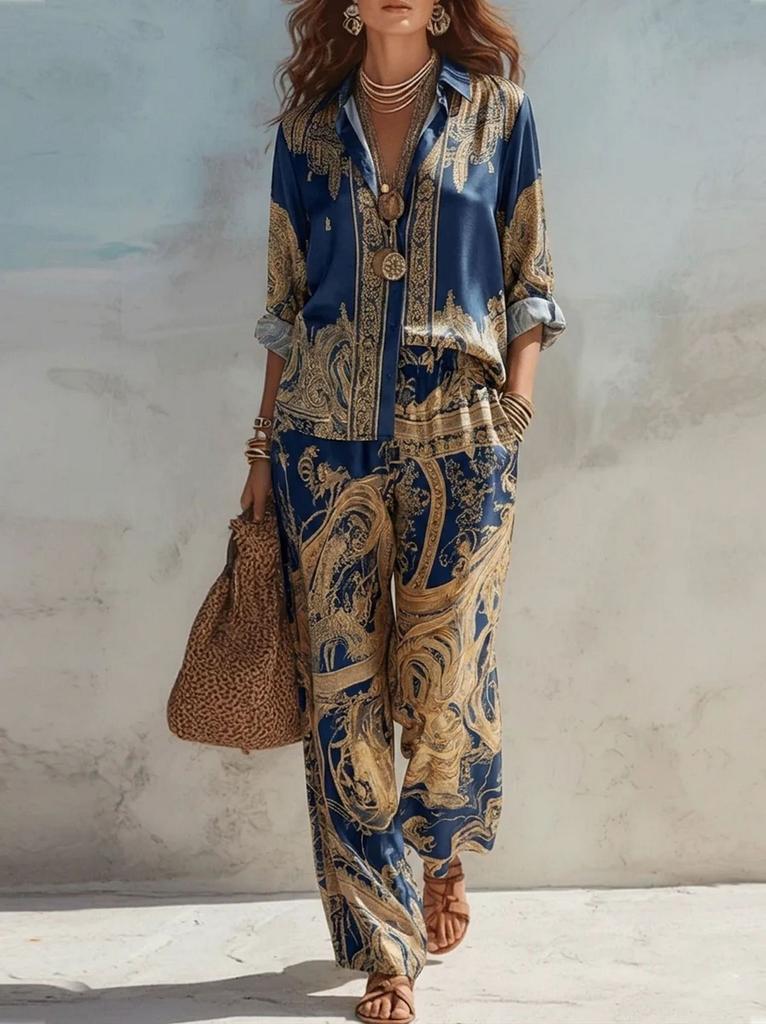 Conjunto de camisa de manga comprida estampada nova e calça de perna larga europeu e americano conjunto casual de duas peças moda feminina