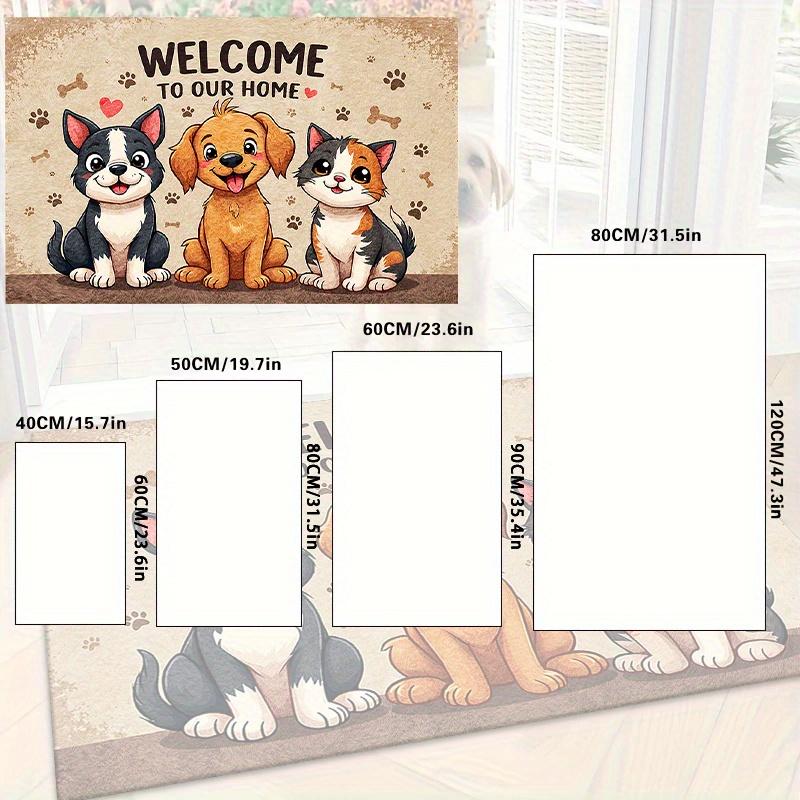 1pc Non-Slip Machine Washable Welcome Mat | Cute Cartoon Dog and Cat Design with Paw Prints and Hearts, Durable Polyester Indoor/Outdoor Entrance Mat