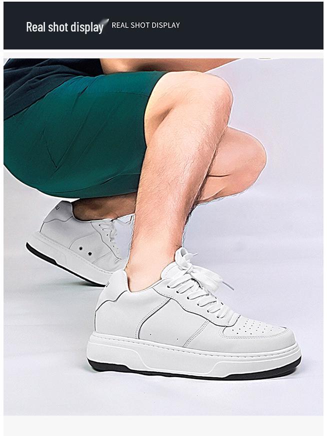 Men's 6cm Height-Increasing Breathable White Leather Sneakers