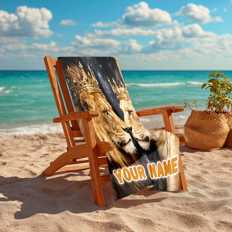 1PC Custom Name Royal Lion Couple Beach Towel Highly Absorbent And Sand-Resistant Towel for Swimming, Pool, Yoga, And Travel Lightweight