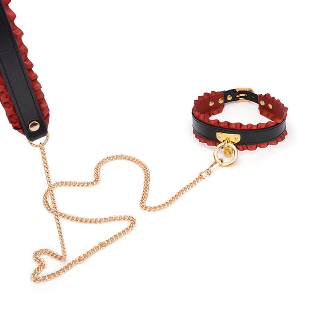 choker collar with training set Women's leash, SM, human, sexy, equipment, leather, cosplay, black, red, 2-piece