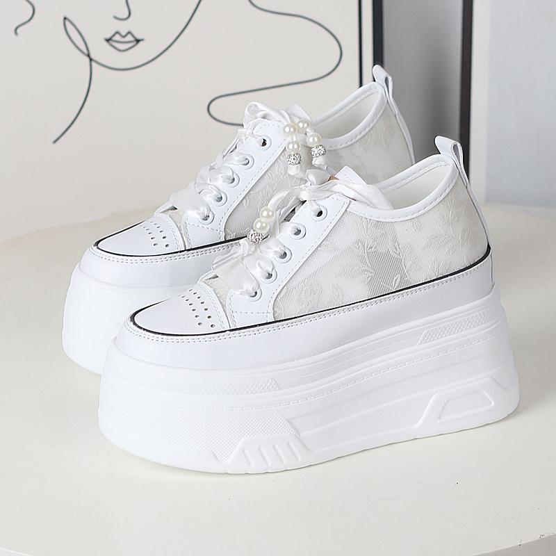 Fashion 12CM Slides Women Summer Shoes Platform Fashion Sandals Sneakers Lace Up Platform Wedge Genuine Leather Air Mesh Slippers