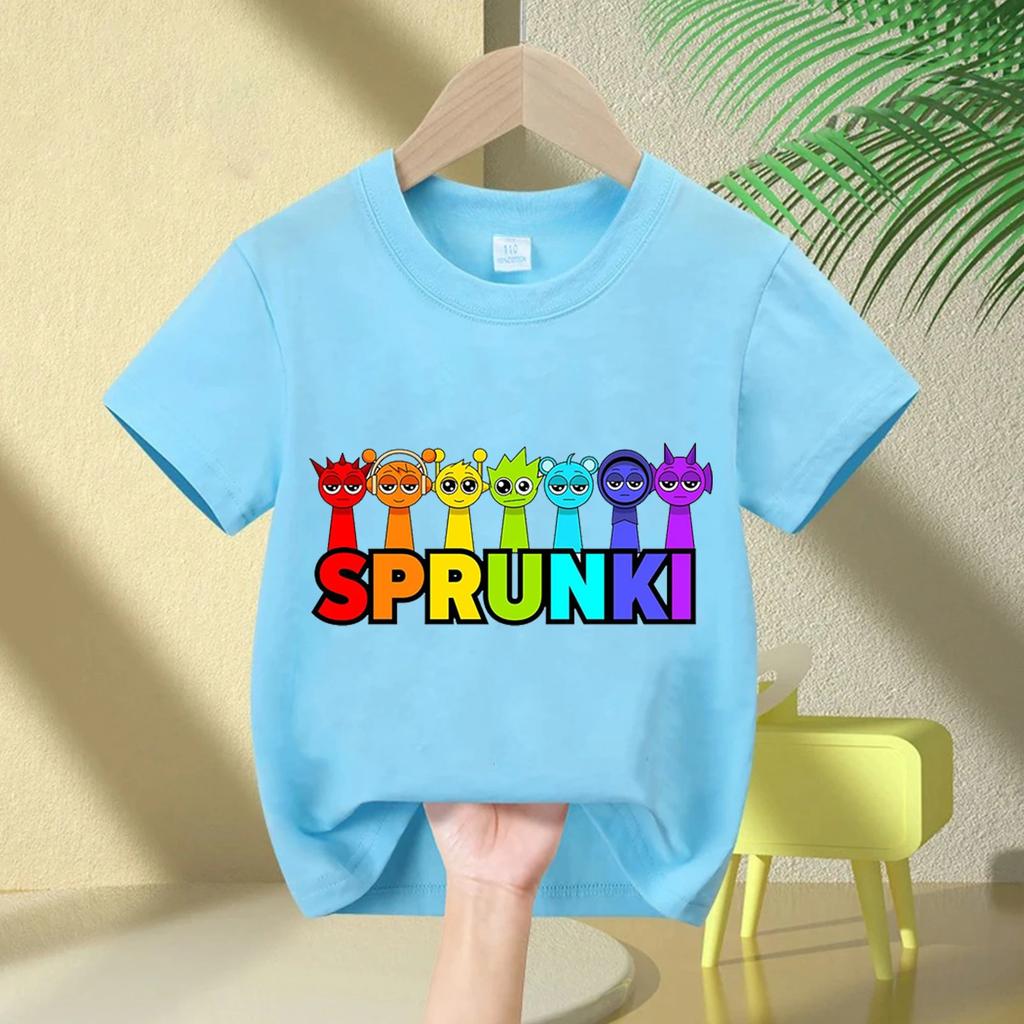 2026 summer short sleeved Sprunki cute and fashionable boy and girl comfortable round neck pure cotton short sleeved Tshirt