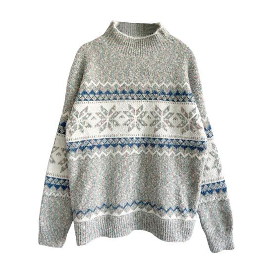 Winter Women Christmas Sweater Half-high Collar Color Matching Snowflake Pattern Long Sleeve Knitwear Thick