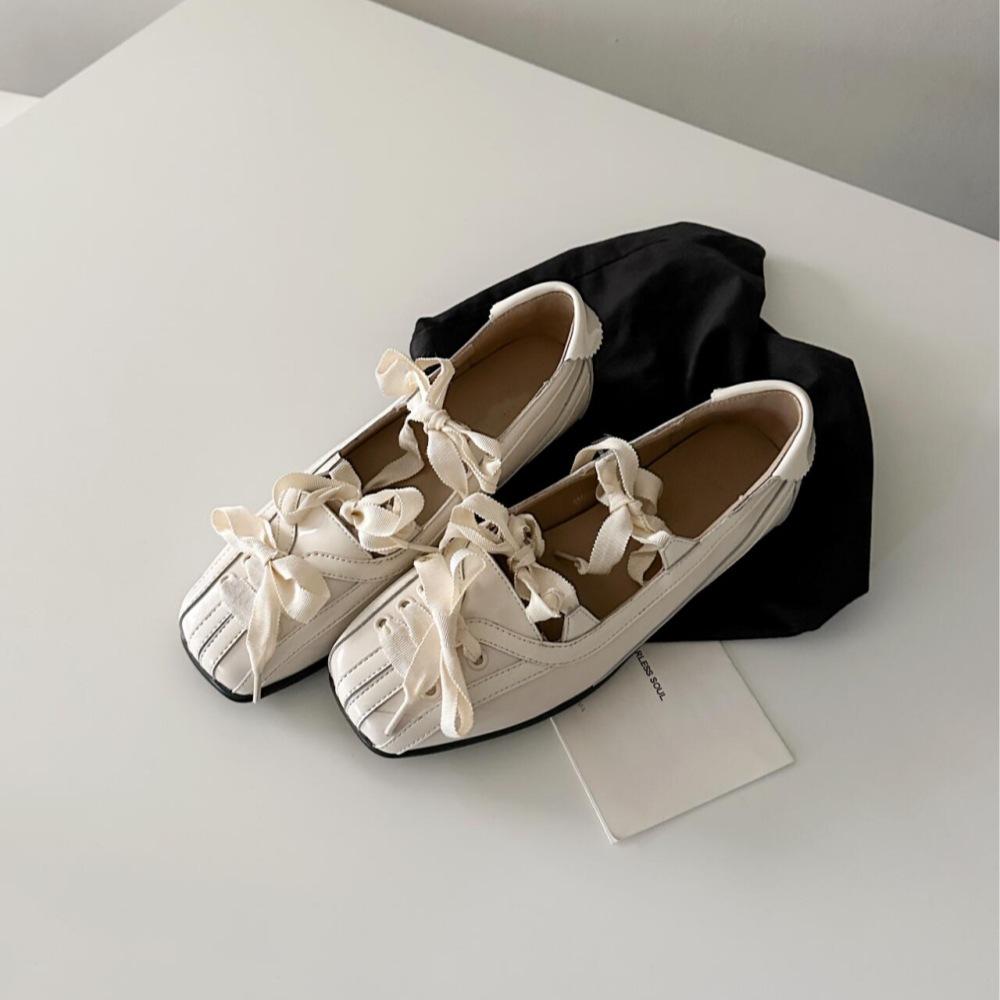 

Cowhide version~ retro square head design ballet shoes women s bow light mouth versatile single shoes wear new flat shoes 40 белый