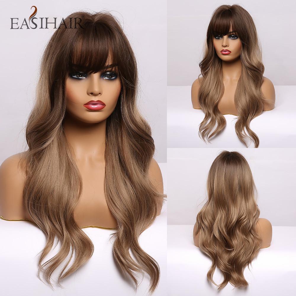 EASIHAIR Long Blonde Synthetic Wigs with Bangs Natural Wavy Hair Wig for Women Daily Cosplay Wig Heat Resistant Fiber
