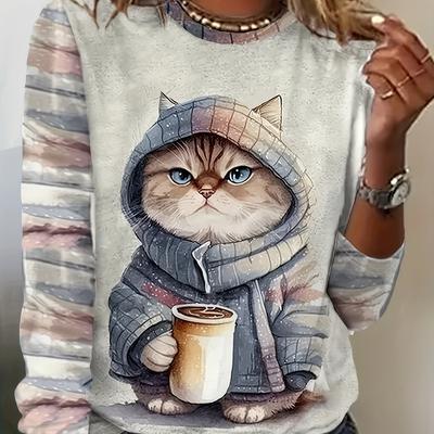 T-Shirt mit Rundhalsausschnitt und Katzen-Print, lässiges Langarm-Oberteil mit bezauberndem Design, perfekt für den Alltag von Damen im Frühling und Herbst