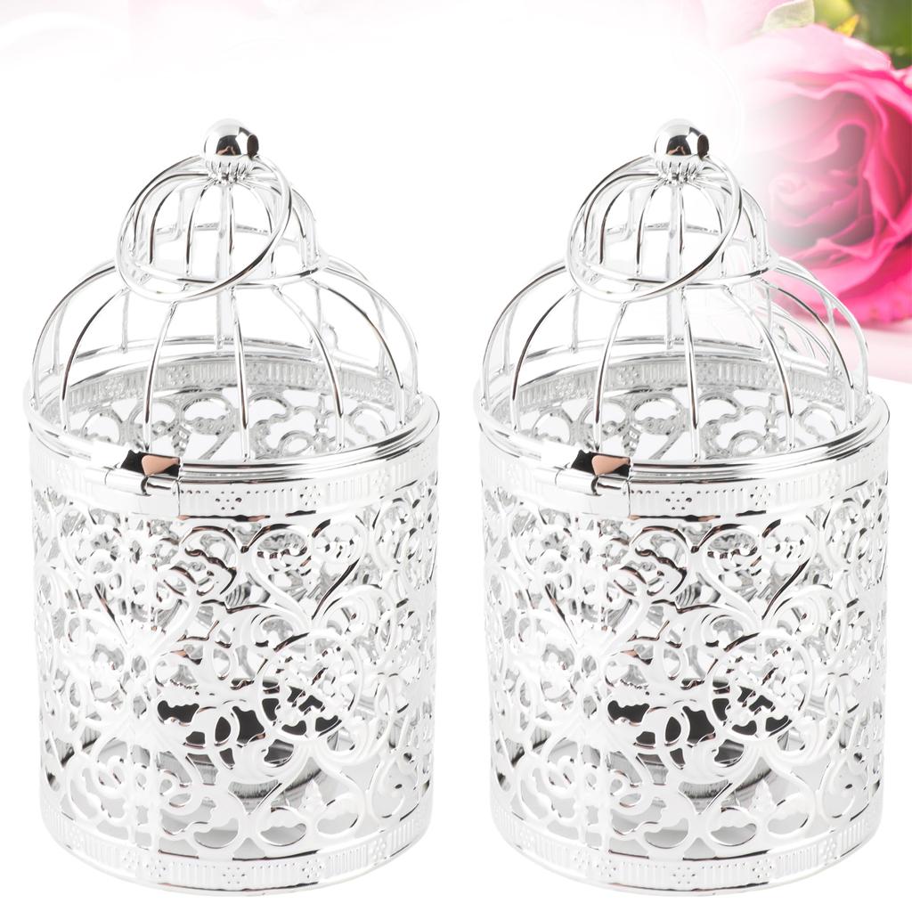 2 Pcs Bird Cage Candle Holder Vintage Exquisite Elegant Hollow Out Pattern Metal Candlestick for Party Decoration