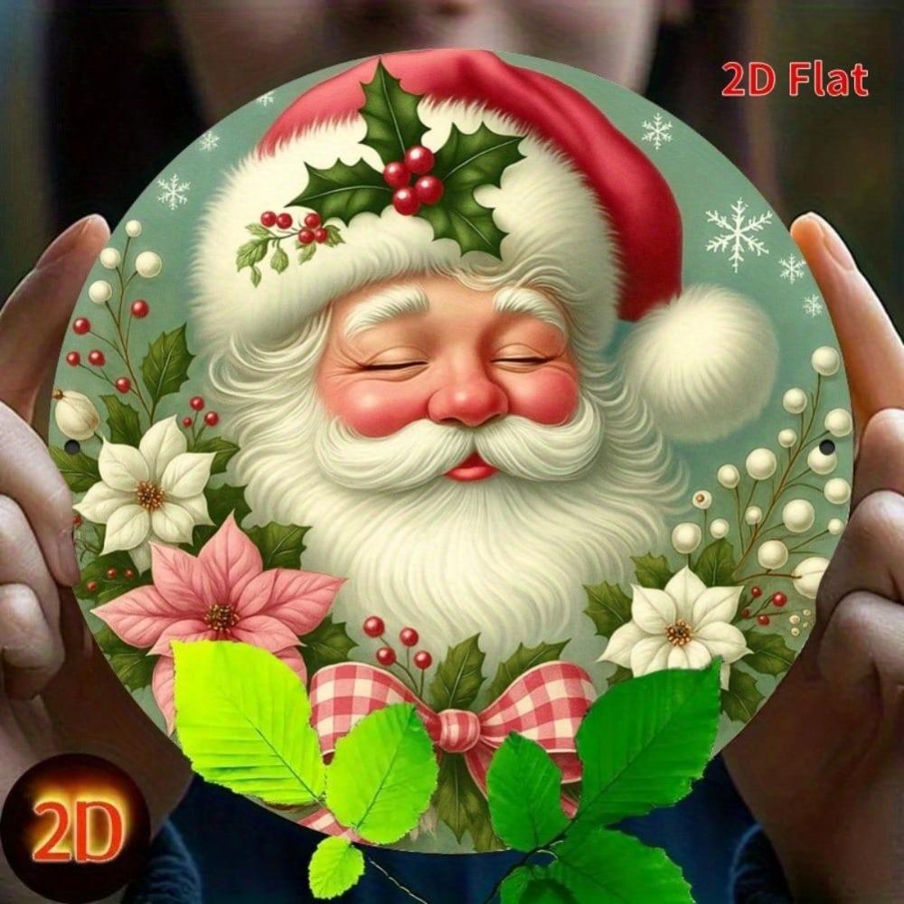Christmas Santa Wreath Metal Wall Decor Red Bow Holly Poinsettia Round Iron Sign Farmhouse Garden Holiday Home Decoration
