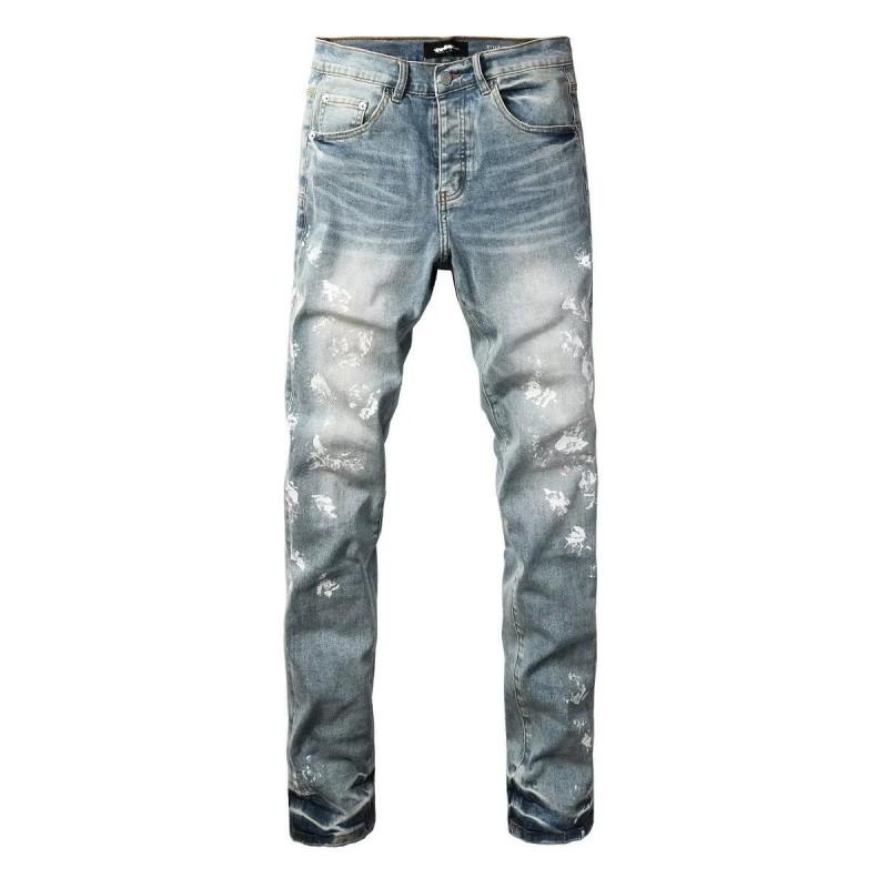 Mens Slim Fit Distressed Denim Jeans With Embroidered Patch Vintage Ink Wash Stretch Cotton Streetwear Style