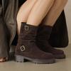 Krazing Pot Cow Suede Nubuck Winter Round Toe Western Boots Med Heels Slip On Metal Buckles Women Mid-calf Boots