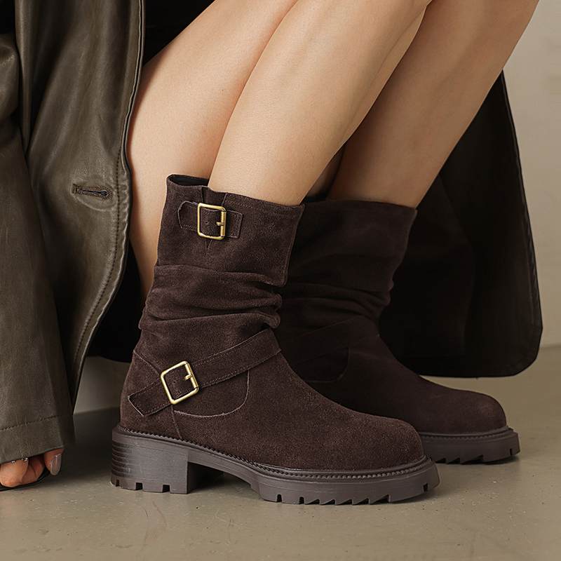 Krazing Pot Cow Suede Nubuck Winter Round Toe Western Boots Med Heels Slip On Metal Buckles Women Mid-calf Boots