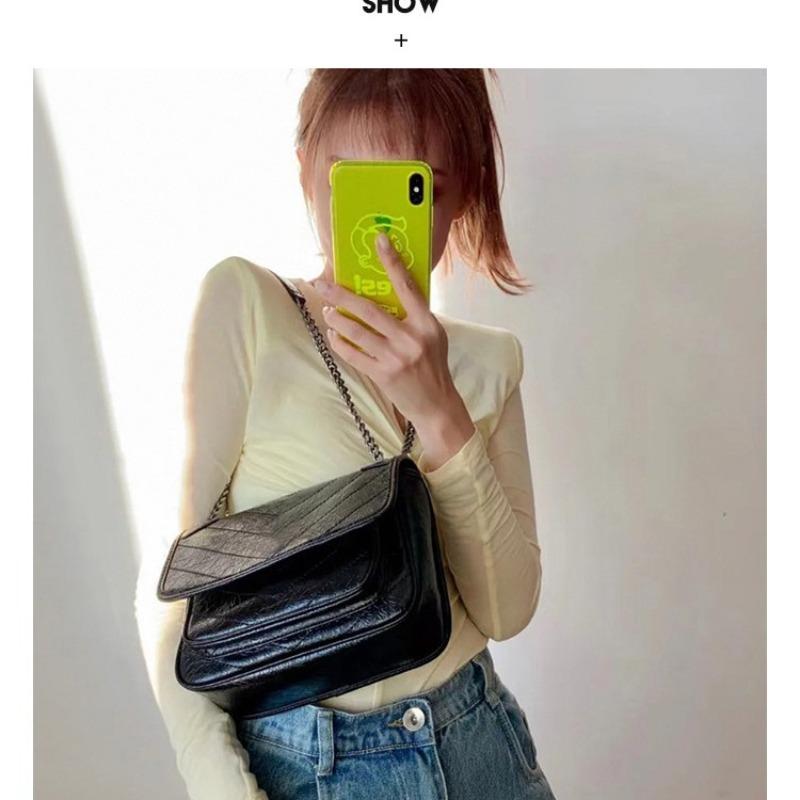 New oil wax cowhide messenger bag retro double chain women's bag poplar forest shoulder crossbody small square bag