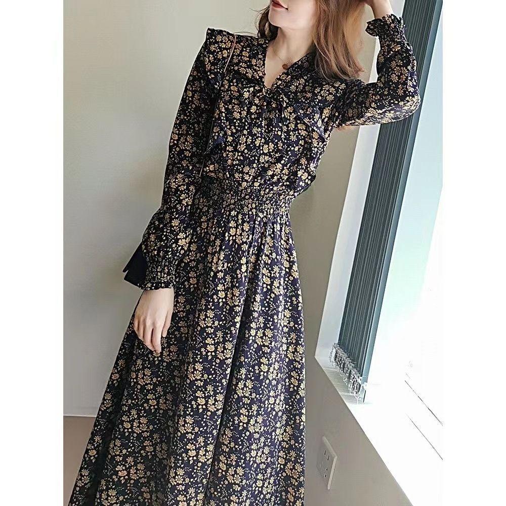 Women's French Ruffled Floral Midi Dress for Spring/Autumn with Cinched Waist and Bow Tie Details