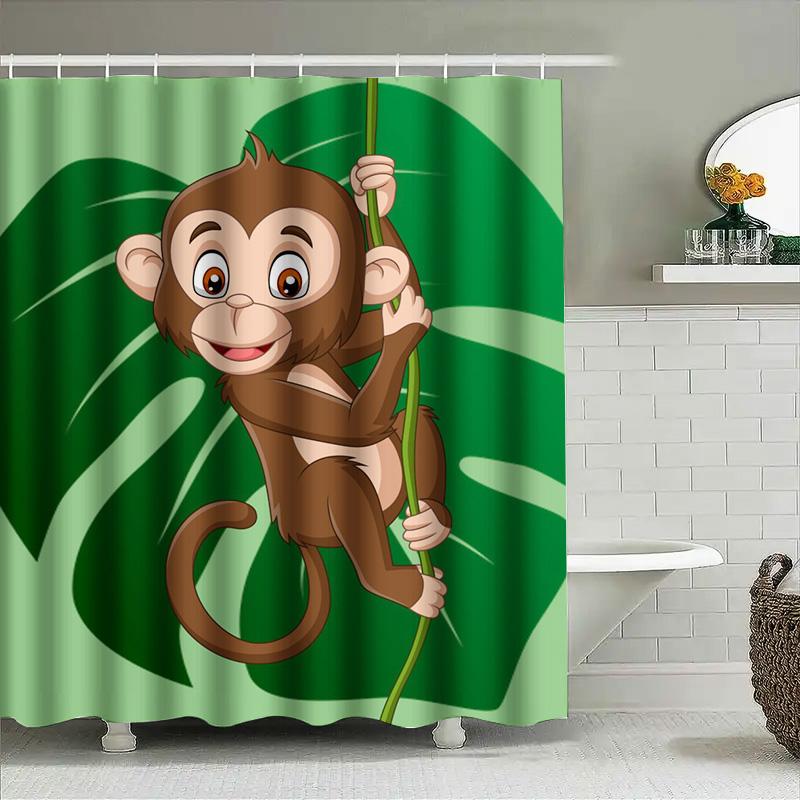 Cute Monkey Cartoon Shower Curtain With Green Leaf Design For Bathroom Decor Animal Print Home Decoration In Bath Curtains From