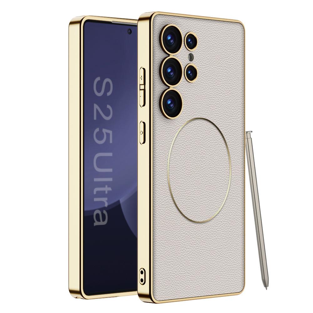 Samsung S25 Ultra Mobile Phone Case S24u Electroplating Plain Leather S23ultra Wireless Charging Anti Fall Protection Case