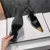 Summer Women's High-heeled Sandals Gold Iron Head Patent Leather Black Stiletto Square Head Closed Toe Sling Back Shoes