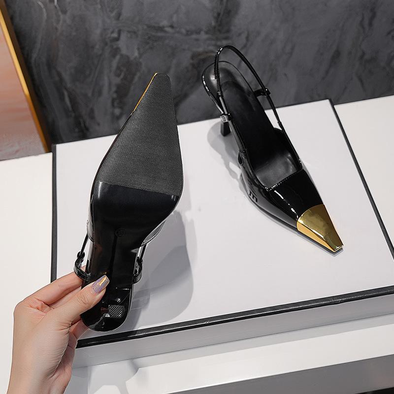 Summer Women's High-heeled Sandals Gold Iron Head Patent Leather Black Stiletto Square Head Closed Toe Sling Back Shoes
