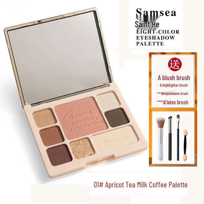 St. Xi Eight-Color Earth Tone Palette: Eyeshadow, Highlighter, Blush & Eyeliner - Non-Smudging, Low Saturation.