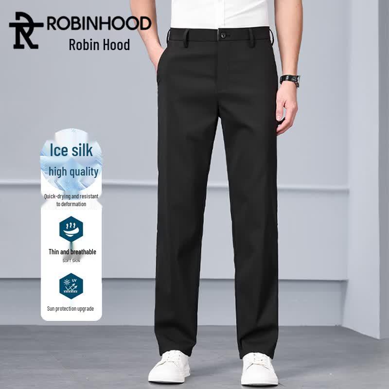 ROBINHOOD Men's Lightweight Ice Silk Quick-Dry Straight-Leg Business Casual Trousers