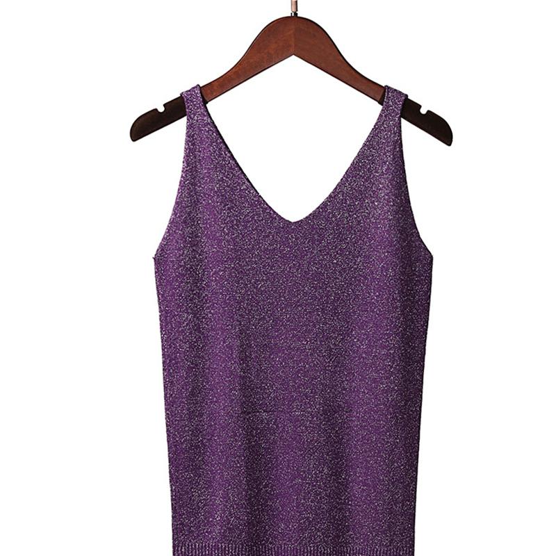Women Summer Sexy Slim V-Neck Bright Silk Knitted Sleeveless Vest Top T-Shirt Basic Trend