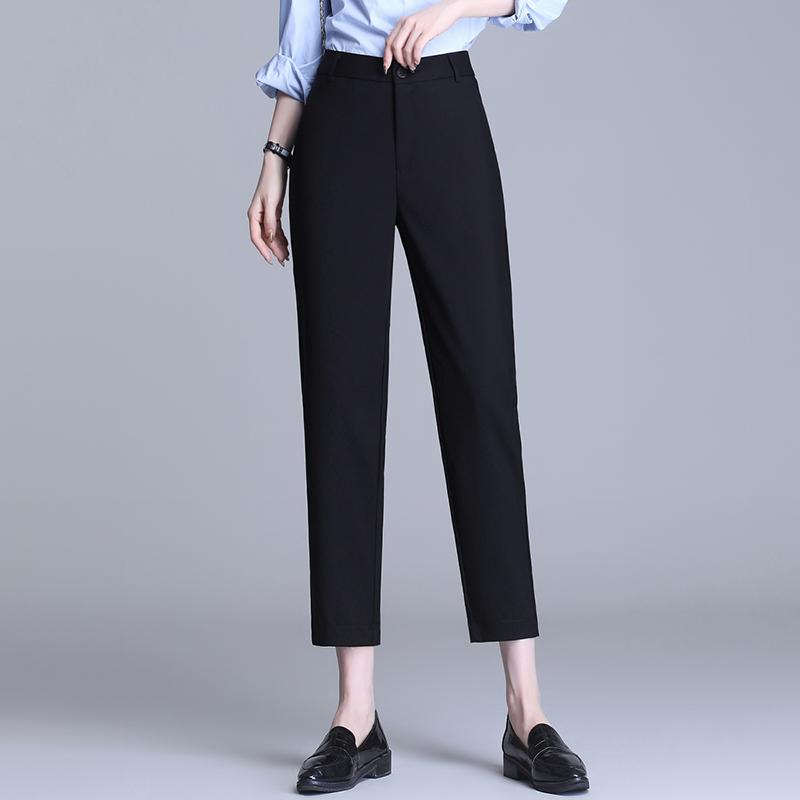 Fashionable Women's Black High-Waisted Nine-Point Stretch Suit Pants