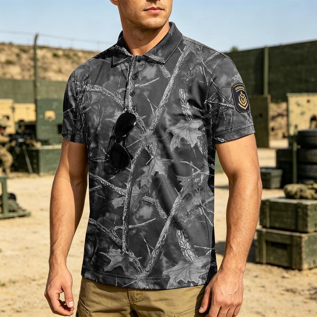 Men's Tactical Short Sleeve Polo Shirt Loose Fit Breathable Outdoor Quick Dry Camouflage Print with Magic Tape Patch Area