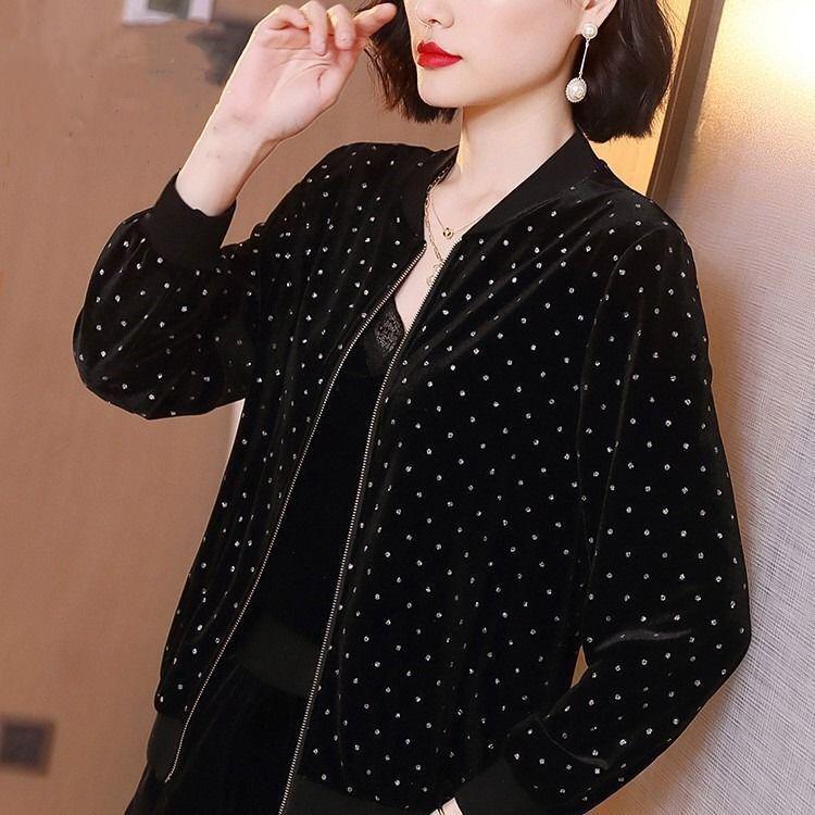 

Casual Gold Velvet Women s Baseball Jacket - Spring/Autumn Korean Style, Loose Fit 4XL