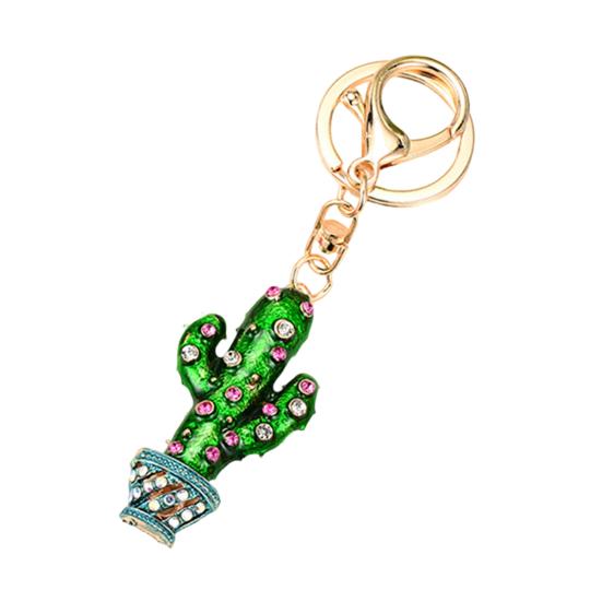 Keychain Sparkling Rhinestones Inlaid Cactus Design Keychain Pendant Enamel Oil Drip Process Smooth Edges Spring Buckle Key Holder Backpacks Accessory
