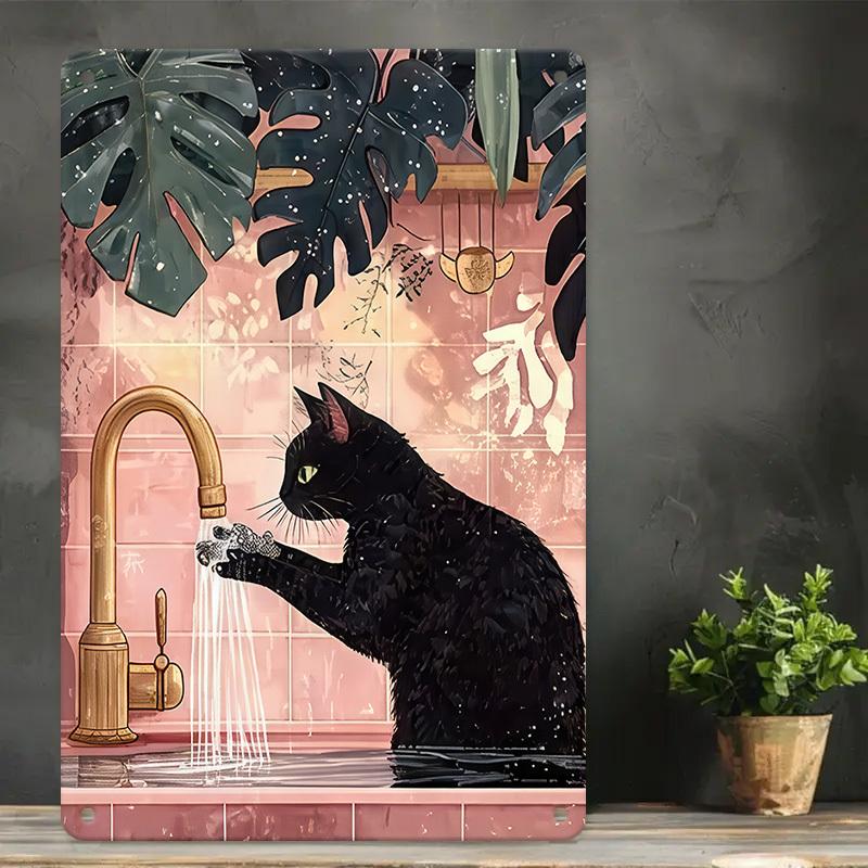 1pc Black Cat in Bathtub Wall Art - Whimsical Retro Iron Metal Sign, 20.32x30.48 cm Humorous Cat-Themed Decor for Bathroom, Livi
