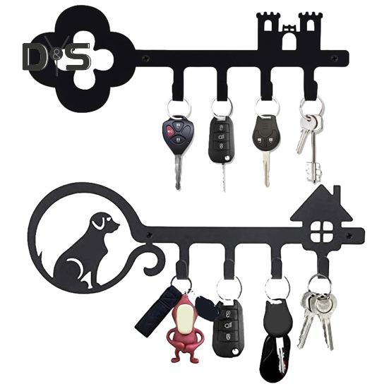 Suport pentru chei din metal 4 cârlige Organizator chei pentru intrare, montat pe perete negru, în formă de chei, cârlig pentru chei de haine de geantă