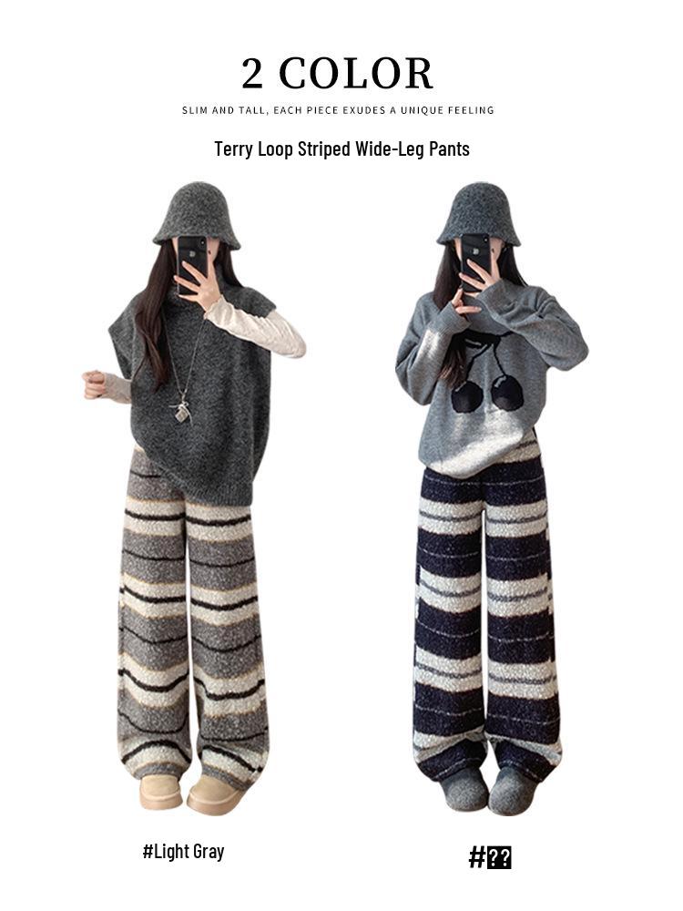 Women's High Waist Shaggy Stripe Casual Pants - Autumn/Winter Slimming Wide Leg for Lounging & Walking