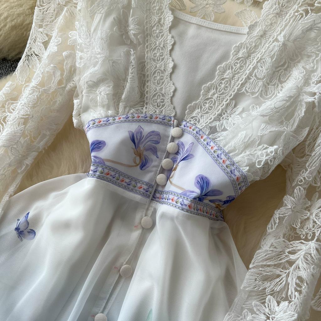 Frühling Herbst Frauen Elegante Spitze Flare Ärmel Tiefem V-Ausschnitt Print Lange Maxi Urlaub Party Kleider